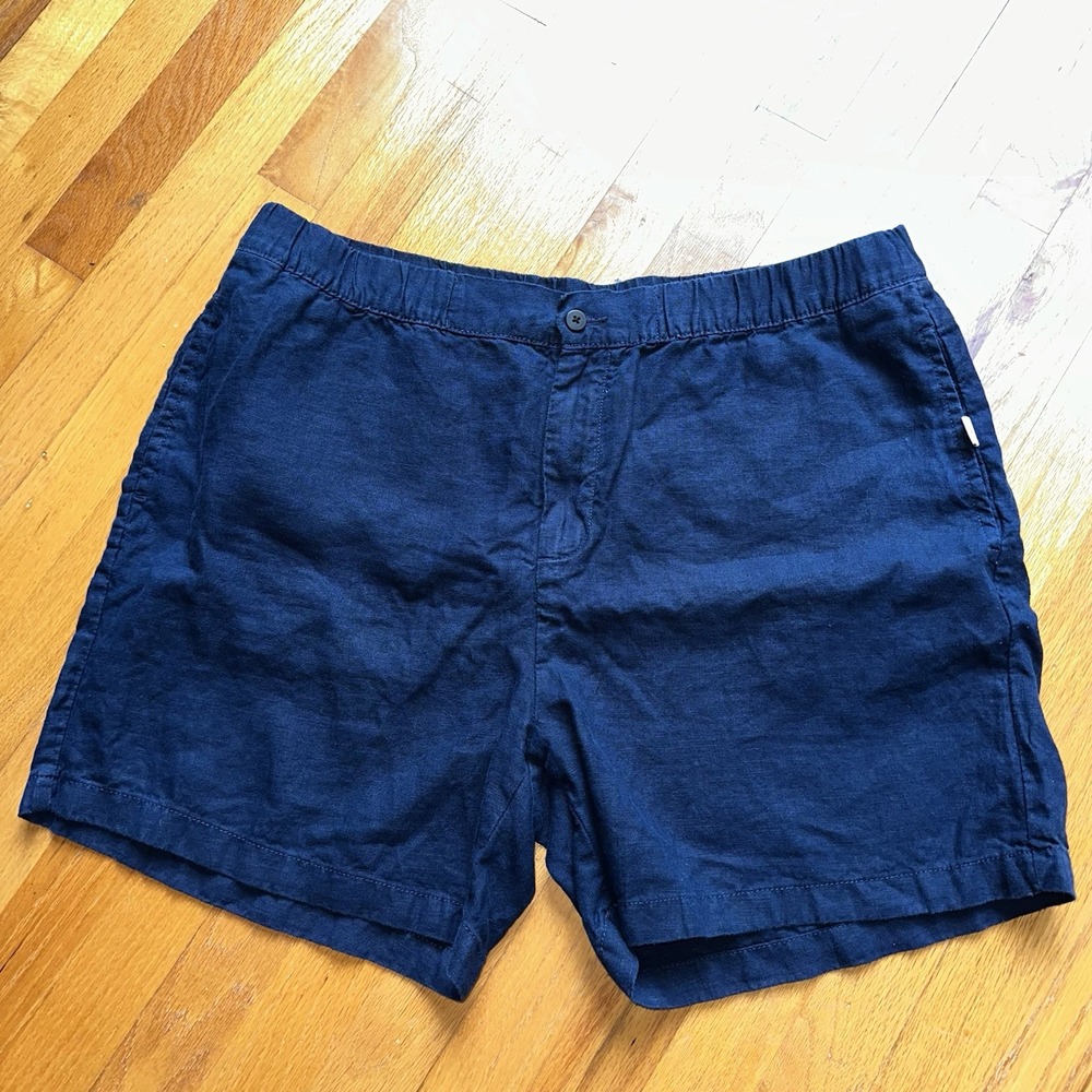 Onia Linen High Rise Elastic Waist Flat Front Beachy Coastal Shorts Blue XXL